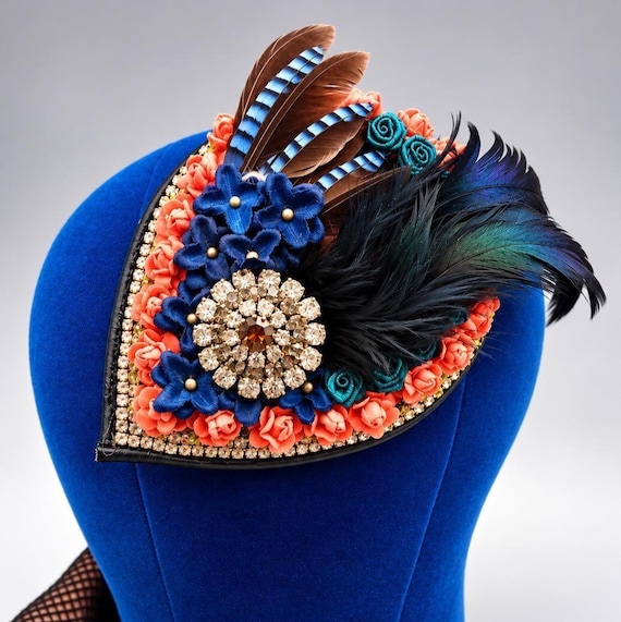 OOAK Handmade Fascinator Hat, Vintage Rhinestone Brooch, Feather Floral Headpiece, Wedding Guest & Derby Hat