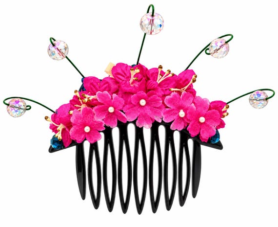 Pink Flower Hair Comb with Sparkling Crystal Balls , Romantic Floral Hair Accessory ,Bridal Wedding Hairpiece