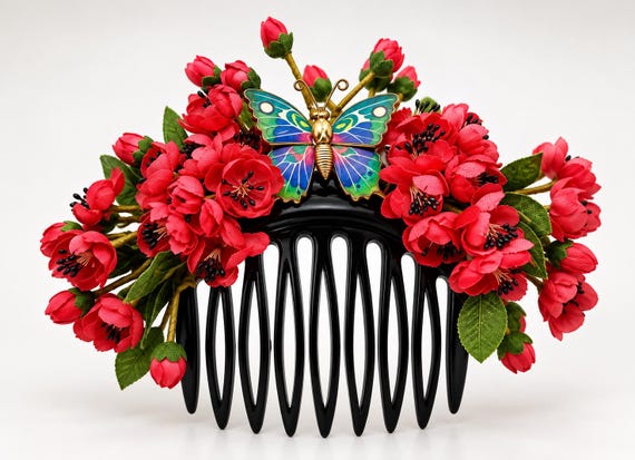 Vintage Hair Comb with Red Flowers & Butterfly , Floral Hair Accessory , Romantic Flower Hair Comb ,Bridal Wedding Hairpiece