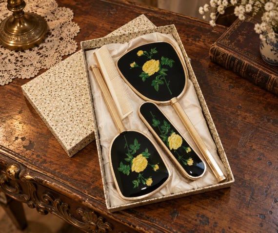 Vintage Vanity Set with Hand Mirror & Hair Brush , Yellow Rose Design , Black Floral Dressing Table Set , Retro Gift