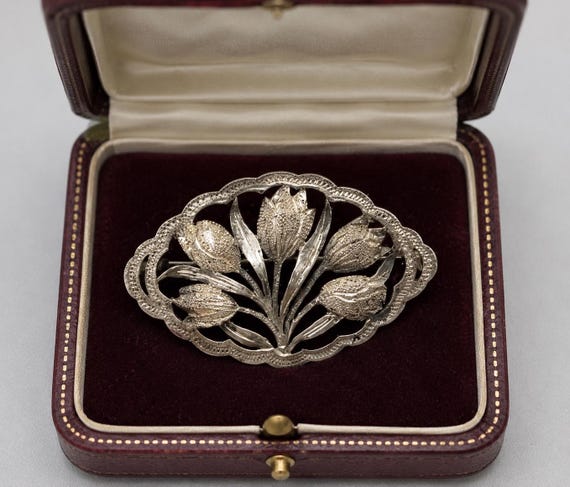 Vintage 900 Silber Brosche – Florales Tulpenmotiv – Spätes Art Déco – Blumenbrosche – ca. 1935–1950