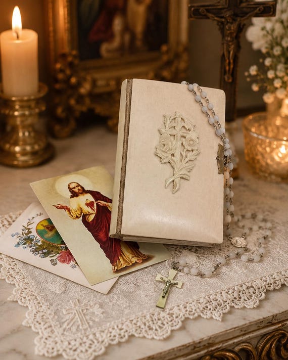 Antique Catholic Prayer Book “Mariengruß” with Rosary and Holy Cards – German Marian Devotional Book