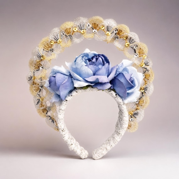 Goddess Halo Crown with Blue Roses – Floral Gold and Silver Fantasy Headpiece – Bridal, Festival, Cosplay & Photoshoot Crown