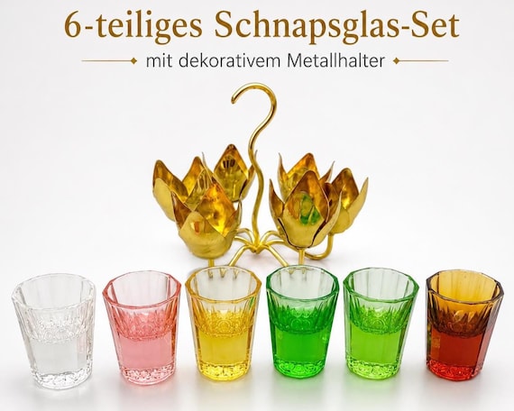 Vintage Colored Shot Glass Set with Gold Tone Metal Holder – 6 Liqueur Glasses in Flower Stand