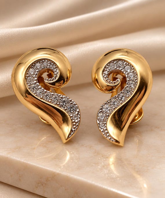 Pierre Lang Vintage Clip-On Earrings – Gold Tone with Rhinestones – Elegant Statement Earrings – Vintage Jewelry