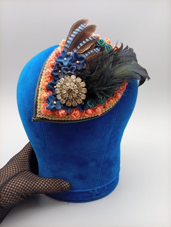 OOAK Handmade Fascinator Hat, Vintage Rhinestone Brooch, Feather Floral Headpiece, Wedding Guest & Derby Hat