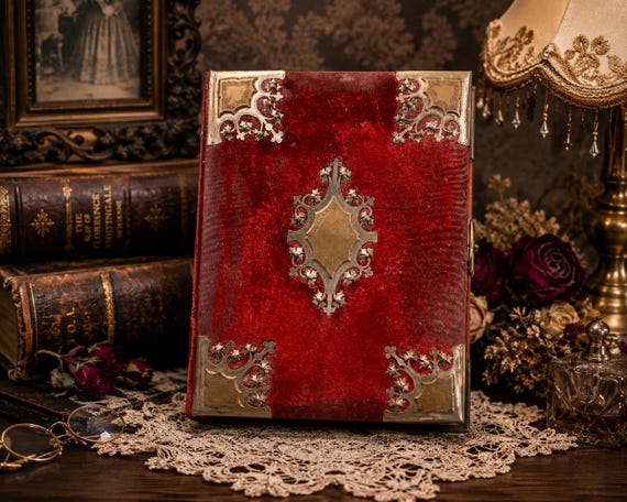 Antique Victorian Red Velvet Photo Album with Ornate Metal Mounts –Decorative Display Book – Late 19th Century