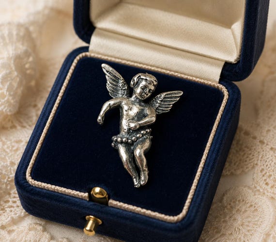 Vintage Sterling Silver Cherub Brooch – Angel Pin with Pearl Belt – Cupid Brooch – Hallmarked 800 – Romantic Gift – Guardian Angel Jewelry