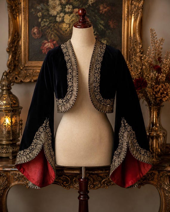 Antique dark navy velvet jacket with elaborate metallic thread embroidery, most likely a Serbian Libade from the ,