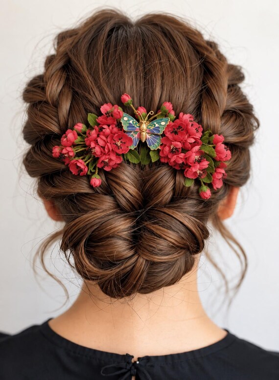 Vintage Hair Comb with Red Flowers & Butterfly , Floral Hair Accessory , Romantic Flower Hair Comb ,Bridal Wedding Hairpiece