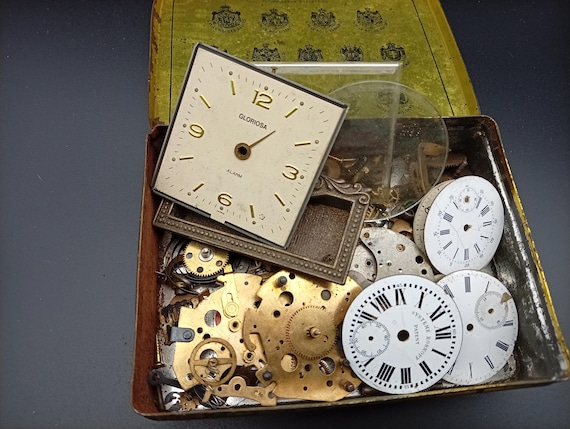 Vintage Clock Parts Lot with Dials, Gears, Movements and Glass – Steampunk Supplies, Mixed Media Components and Repair Parts