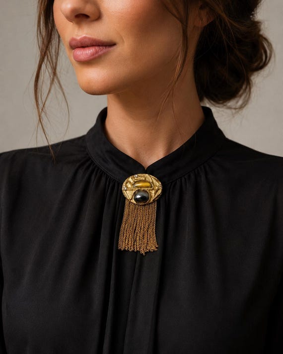 Gold-Tone Statement Brooch with Hematite, Labradorite & Rhinestones – Vintage Brooch with Chain Fringe