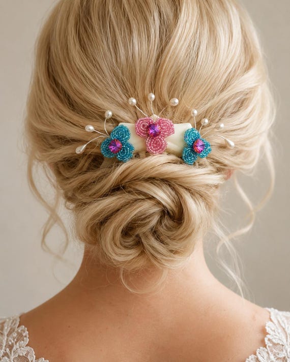 Vintage Hair Comb with Beaded Flowers and Crystals – Handmade Pink and Turquoise Floral Hair Accessory