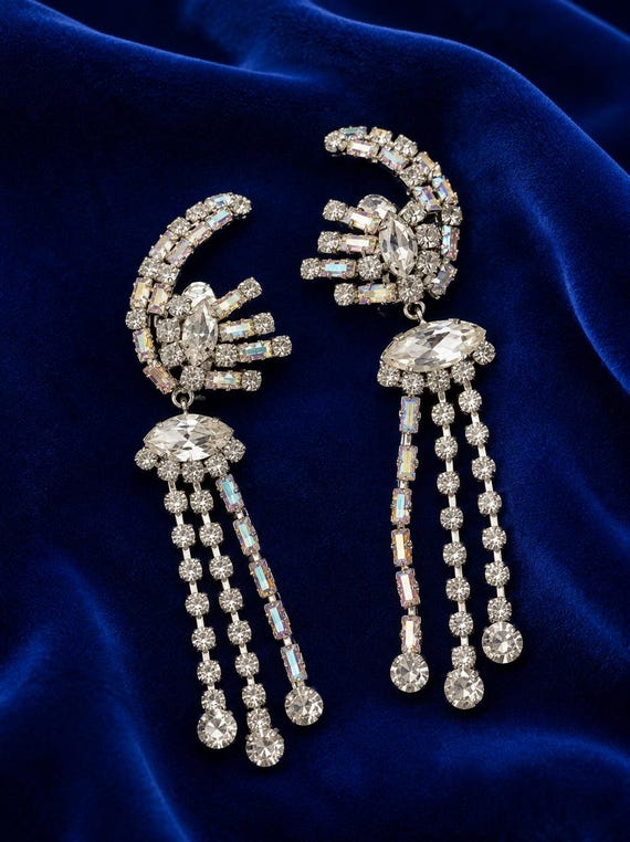 Vintage Clip On Earrings with Rhinestones & Aurora Borealis Stones – Long Statement Earrings Made in Austria