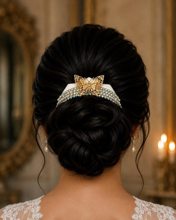 Elegant Vintage Hair Comb with Iridescent Rhinestones and Brass Butterfly – Handmade One-of-a-Kind French Hair Accessory
