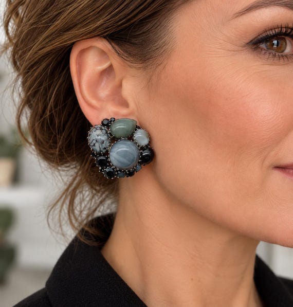 Vintage 1950s 1960s Clip On Earrings Grey Black , Mid Century Cluster Cabochon Earrings, Moonglow Glas