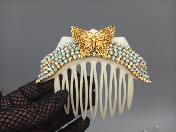 Elegant Vintage Hair Comb with Iridescent Rhinestones and Brass Butterfly – Handmade One-of-a-Kind French Hair Accessory