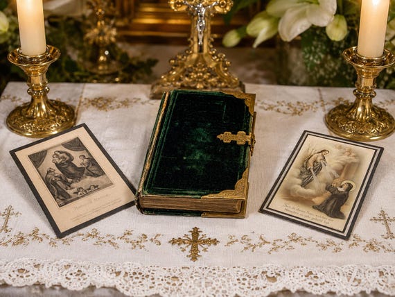 Antique 1835 Catholic Prayer Book – Thomas à Kempis Imitation of Christ – Green Velvet Cover, Metal Clasp and Holy Cards