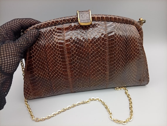 Vintage Genuine Snakeskin Evening Bag – Brown Handbag with Gold-Tone Chain and Frame Clasp