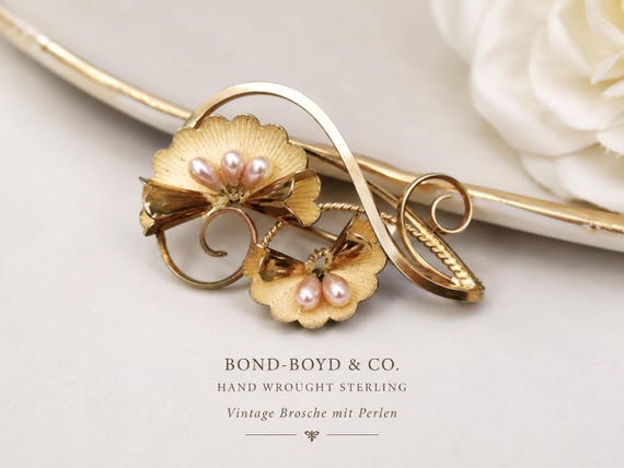 Signed Bond Boyd Sterling Silver Pearl Brooch Hand Wrought Floral Vermeil Mid Century Canada