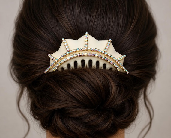 Elegant Vintage Hair Comb with Iridescent Rhinestones – Handmade One-of-a-Kind French Hair Accessory