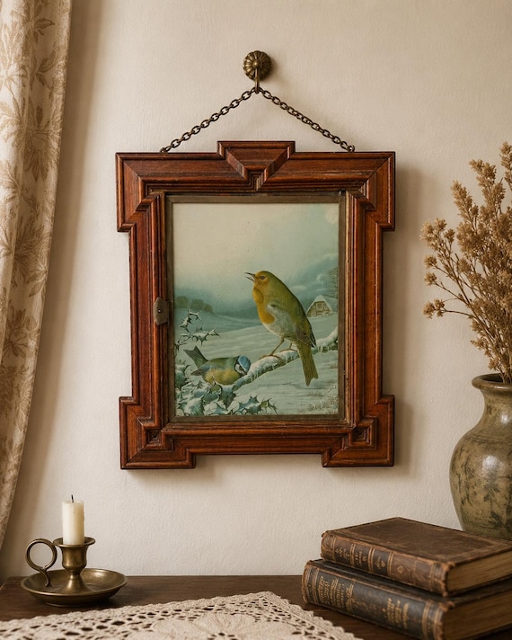Antique Three-Panel Wall Mirror with Bird Motifs – Folding Triptych Mirror in a Wooden Frame, Circa 1900