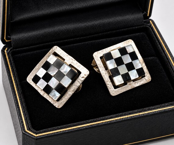 Vintage Black & White Checkerboard Clip-On Earrings, Geometric Mosaic Square Earrings, Retro Mid Century Statement Jewelry