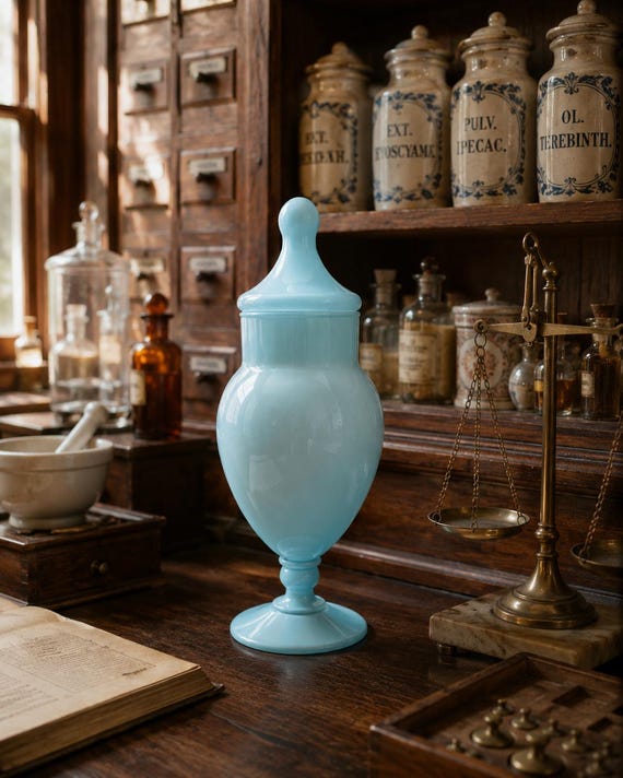 Vintage Light Blue Opaline Glass Lidded Jar – Decorative Bonbon Dish with Pedestal Base – Apothecary Style Mid-Century Decor