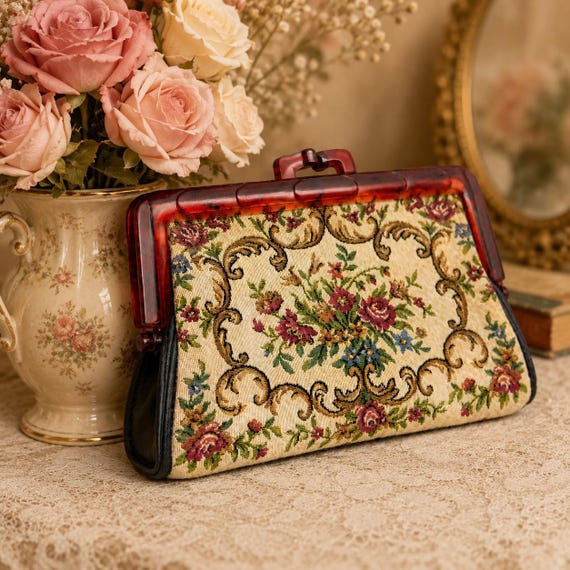 Vintage Floral Tapestry Clutch Purse with Red Lucite Frame, Romantic Needlepoint Evening Bag, Retro Gobelin Handbag, Cottagecore Vintage Bag