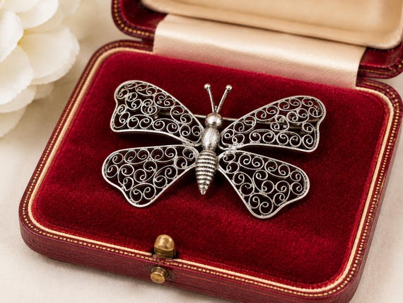 Vintage 800 Silver Filigree Butterfly Brooch | Handmade Openwork Butterfly Pin | Delicate Artisan Jewelry