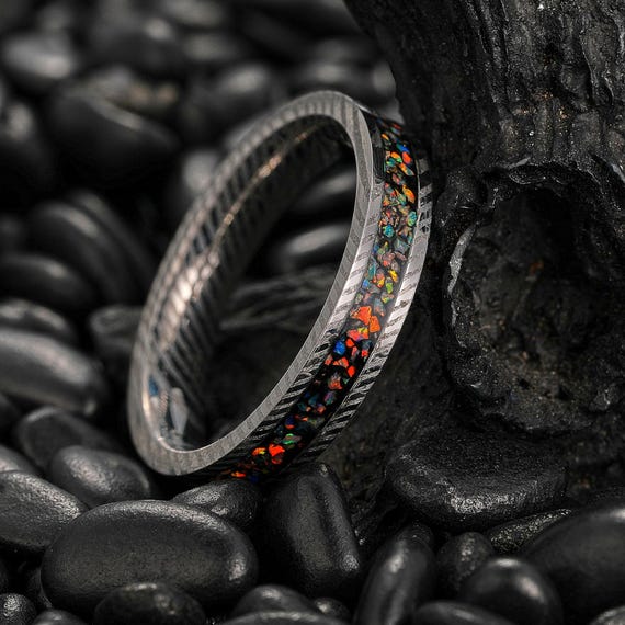 Silver Damascus Steel Ring  with  Crushed Opal, Unique Wedding Band, Engagement Ring, Men Promise Ring, Anniversary Ring For Him
