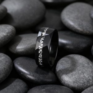 Black Meteorite Interstellar Ring, 8mm Wide Hammered Tungsten Ring, Black Engagement Ring, Unique Mens Ring, Personalized Anniversary Rings