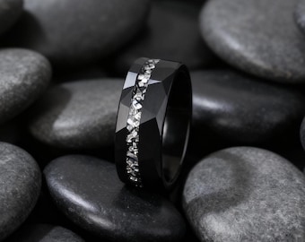 Meteorit Ring, gehämmerter Wolframring, 8 mm breiter Wolframring, Schwarzer Meteorit Ring, Unisex Ring für Männer und Frauen