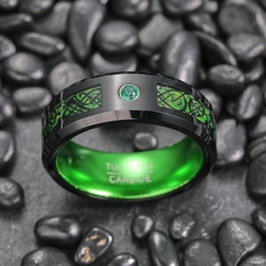 Black Celtic Dragon Tungsten Carbide Wedding Band, Unique Green Inlay Ring, 8mm Personalized Ring, Promise Ring, Anniversary Gift