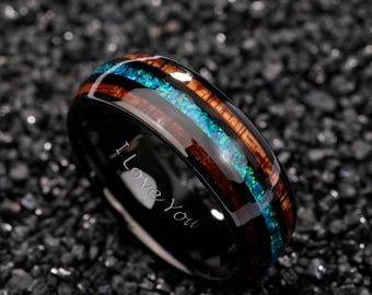 Koa hout zwarte wolfraamcarbide ring, blauwe opaal wolfraam ring, Hawaiiaanse houtopaal trouwringen, houten heren trouwring, houten ring voor mannen