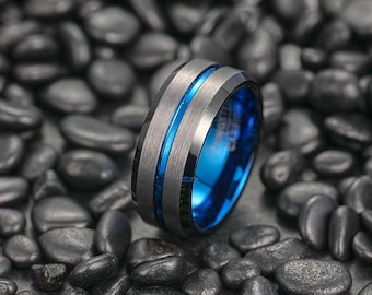 8 mm tweekleurige wolfraamring van geborsteld metaal voor zilver en blauw wolfraamring, trouwring heren, gepersonaliseerde wolfraambanden, jubileumcadeau