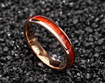 Anillo de tungsteno con madera de koa y oro rosa, anillo de madera de 4 mm, anillo de madera para hombre y mujer, anillo de promesa único, anillo de compromiso, alianza de boda de tungsteno y oro rosa.