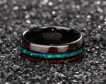 コアウッドブラックタングステンカーバイドリング、ブルーオパール