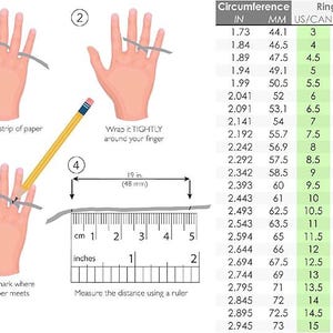 May include: Diagram illustrating how to measure a finger for ring size. Includes steps: cut paper, wrap tightly, mark, and measure with a ruler. A ring size chart shows measurements in inches, millimeters, and ring sizes.