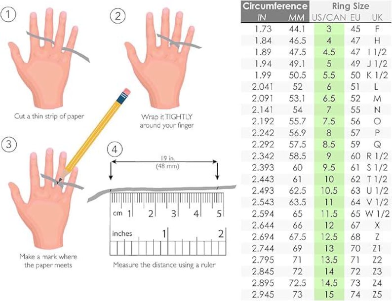 May include: Diagram illustrating how to measure a finger for ring size. Includes steps: cut paper, wrap tightly, mark, and measure with a ruler. A ring size chart shows measurements in inches, millimeters, and ring sizes.