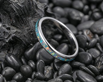 Personalized  Silver Tungsten Weeding Band, Crushed Fire Opal Promise Ring,Unique 3mm Engagement Ring, Unisex Ring, Valentine's Day Gift