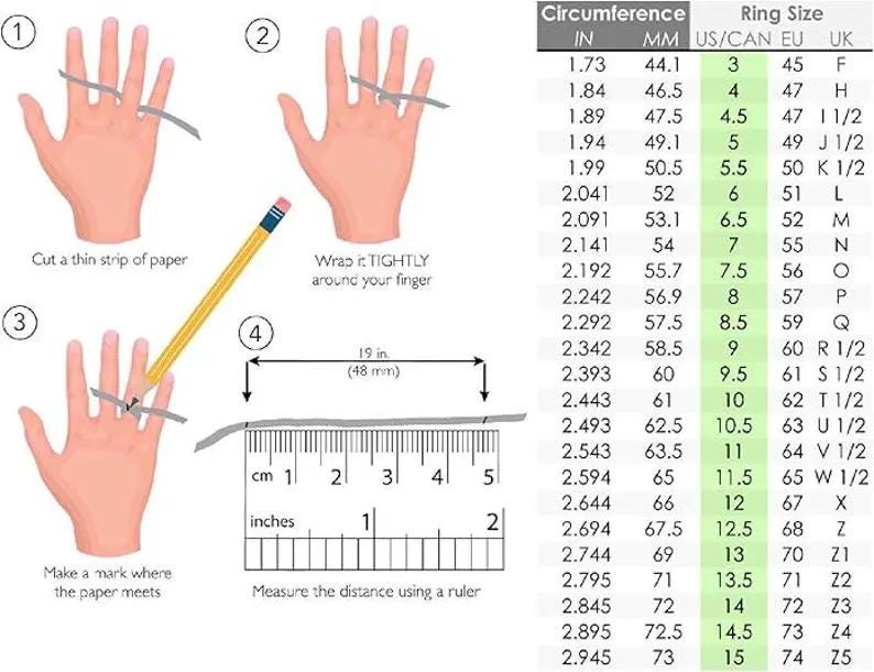 May include: Diagram illustrating how to measure a finger for ring size. Includes steps for using paper and a ruler, with measurements in inches and millimeters, and a ring size conversion chart.