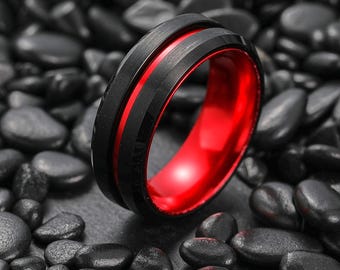 Anillo de tungsteno rojo y negro para hombre, alianza de boda personalizada, anillo de promesa negro, anillo de compromiso rojo, anillo único, regalo de aniversario para él.