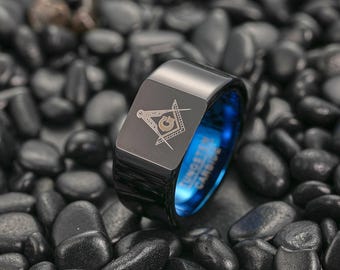 Men's Masonic ring or fraternity gift, 8mm wide black tungsten wedding band,  ,personalized engraved ring, engagement ring, gift for Him