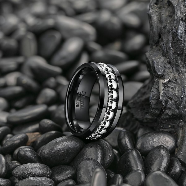 Anillo de promesa gótico único para hombre, anillo de carburo de tungsteno negro con incrustaciones de calavera plateada, 8 mm de ancho, anillo negro para hombre, anillo gótico, anillo de aniversario