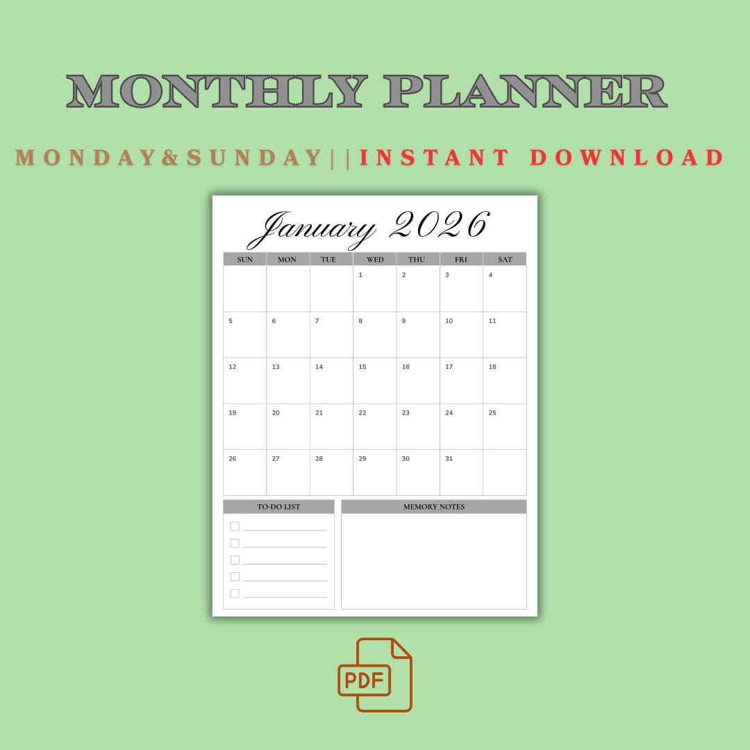 2026 Monthly Planner: Minimalist Black & White Calendar (digital ...