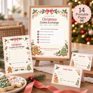 Pode incluir: Um conjunto de papelaria imprimível para troca de biscoitos de Natal, incluindo uma placa, convite e cartões de mesa. Os designs apresentam figuras de pão de mel, árvores de Natal, azevinho e laços vermelhos num fundo creme.