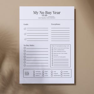 Mall för köpfritt år | Utskrivbar spårning av utgifter | Köpfritt planerare 2026 | Arbetsblad för ekonomisk återställning | Minimalistisk budget i PDF-format