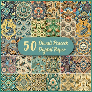 以下が含まれることがあります： 50種類のDiwali Peacockデジタルペーパーデザインのコレクション。孔雀のイラスト、花のモチーフ、幾何学模様が、ティール、ゴールド、ブラウンの色合いで描かれています。画像には「50 Diwali Peacock Digital Paper」というテキストが含まれています。