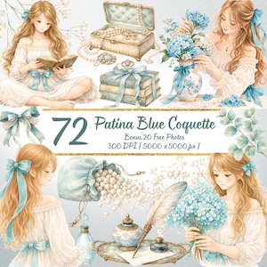 May include: Watercolor illustration featuring a collection of vintage-style items in shades of blue and gold. The image includes a jewelry box, books, flowers, and a woman with long blonde hair. Text reads "72 Patina Blue Coquette".